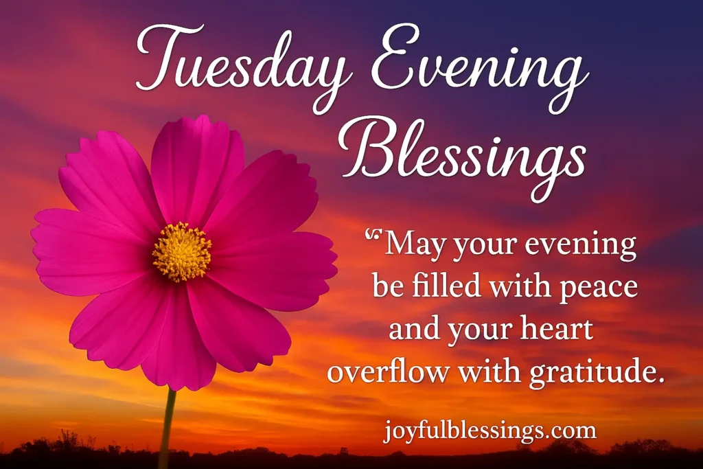 Peaceful candle glowing at dusk with text overlay of Tuesday evening blessings and calming prayer quote