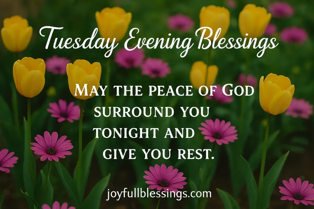 Floral background with inspiring Tuesday evening blessings quote about rest and gratitude