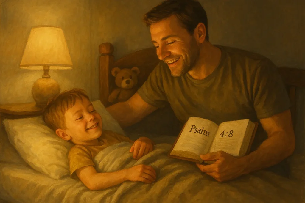 Family bedtime devotion sharing Tuesday blessings and Bible comfort