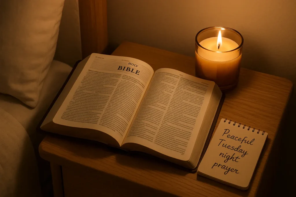 Peaceful Tuesday night prayer setup with Bible, candle, and handwritten journal