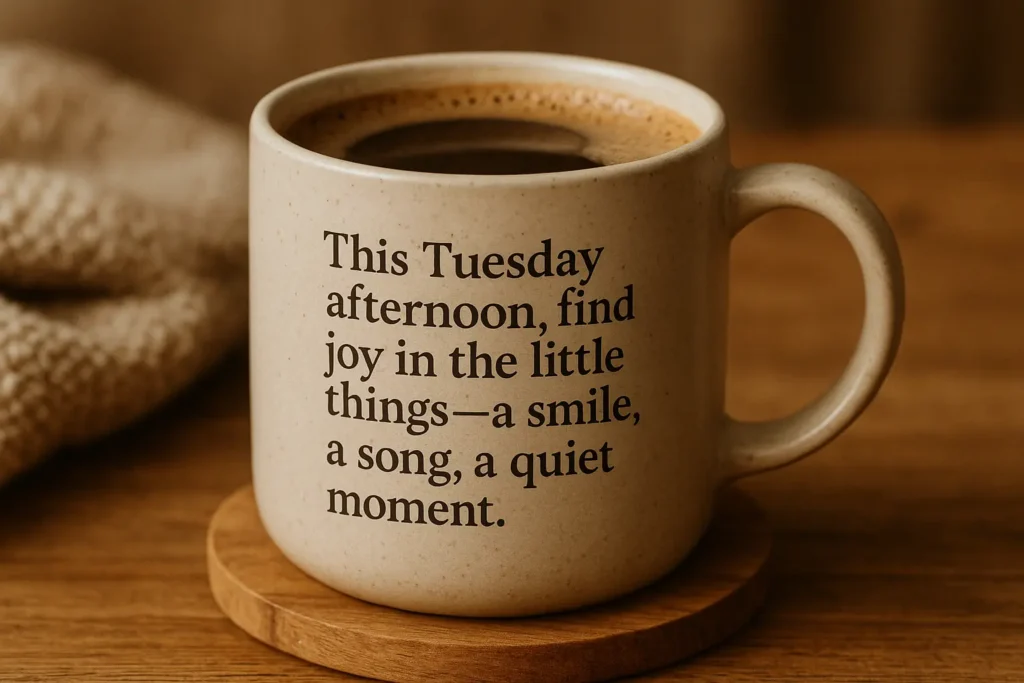 Cozy coffee cup on a wooden table with a Tuesday afternoon blessings quote “This Tuesday afternoon, find joy in the little things—a smile, a song, a quiet moment—and let them fill your heart with warmth